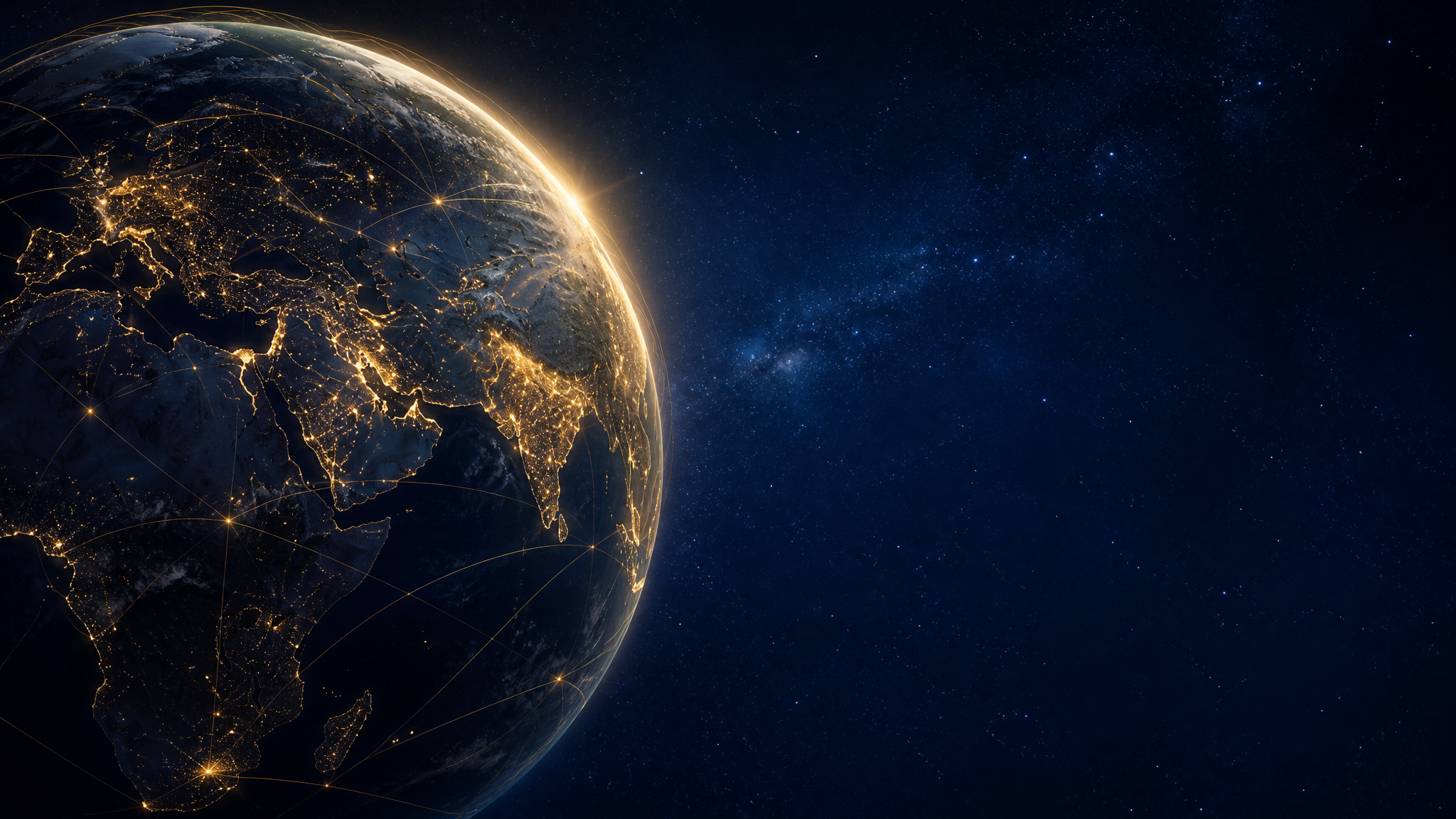 Earth from space with golden city lights